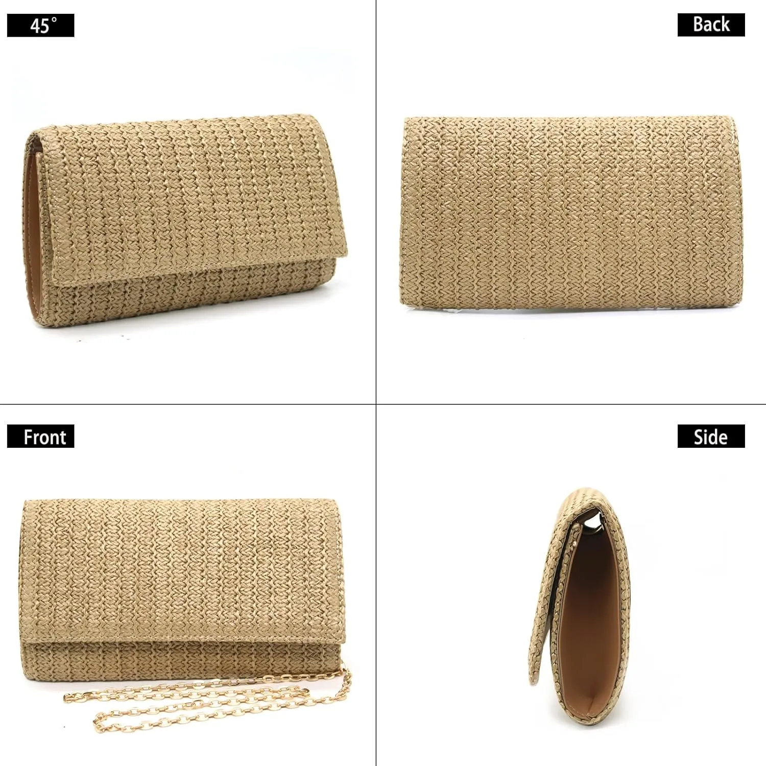 Fozehlad Straw Clutch Bags for Women Straw Beach Crossbody Purse Woven Envelope Wallet Fold Over Chain Shoulder Bag