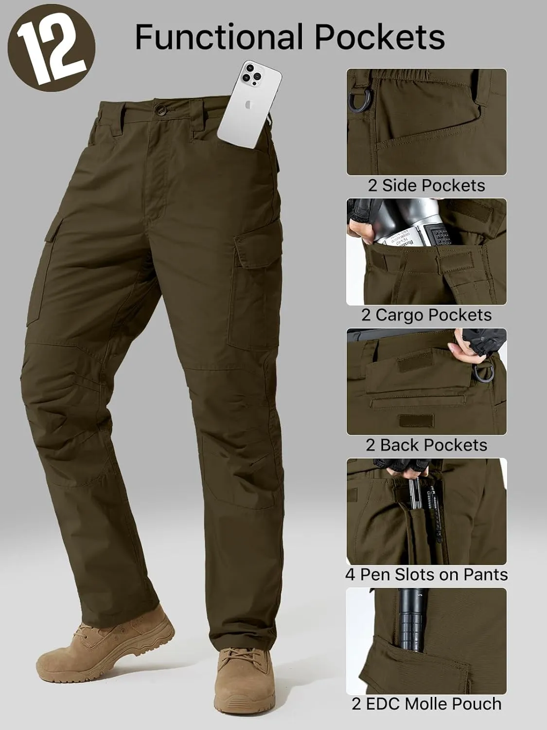 FREE SOLDIER Men's Water Resistant Pants Relaxed Fit Tactical Cargo Work Pants with Multi Pocket