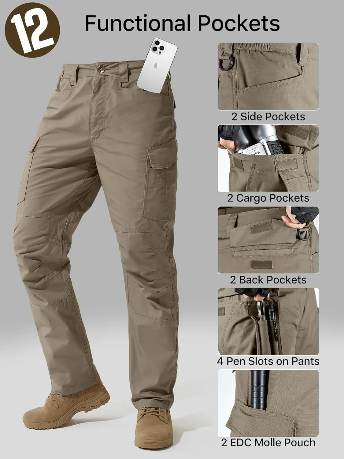 FREE SOLDIER Men's Water Resistant Pants Relaxed Fit Tactical Cargo Work Pants with Multi Pocket