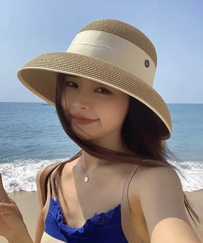 French Khaki Bow Straw Woven Holiday Style Beach Bucket Hat
