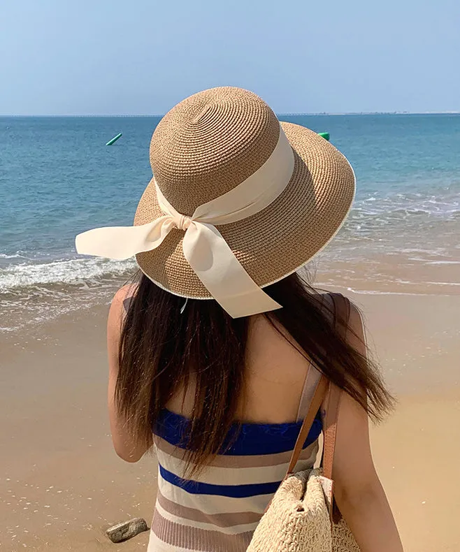 French Khaki Bow Straw Woven Holiday Style Beach Bucket Hat