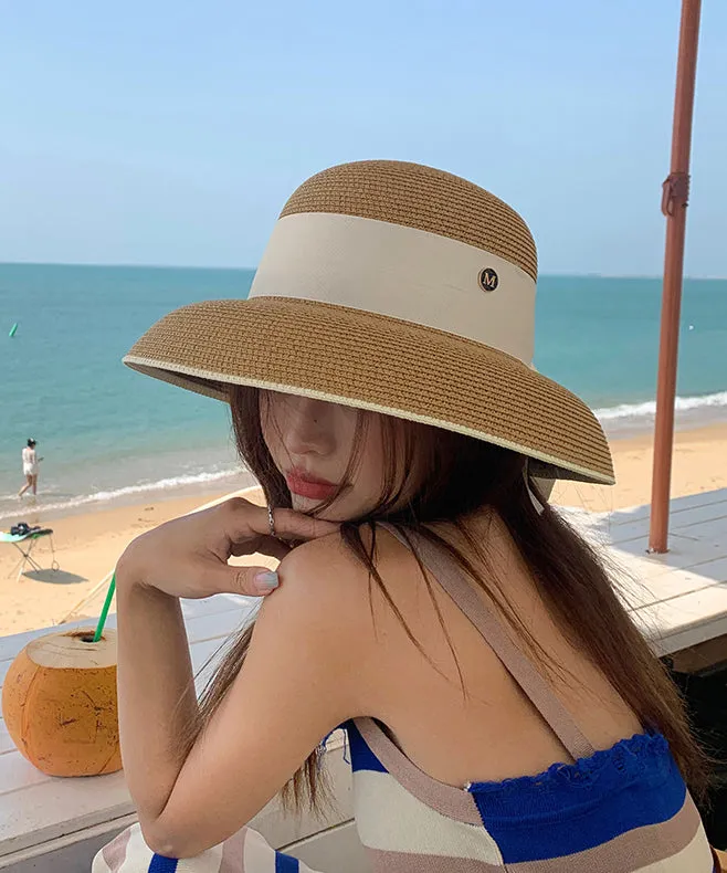 French Khaki Bow Straw Woven Holiday Style Beach Bucket Hat