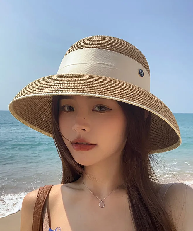 French Khaki Bow Straw Woven Holiday Style Beach Bucket Hat