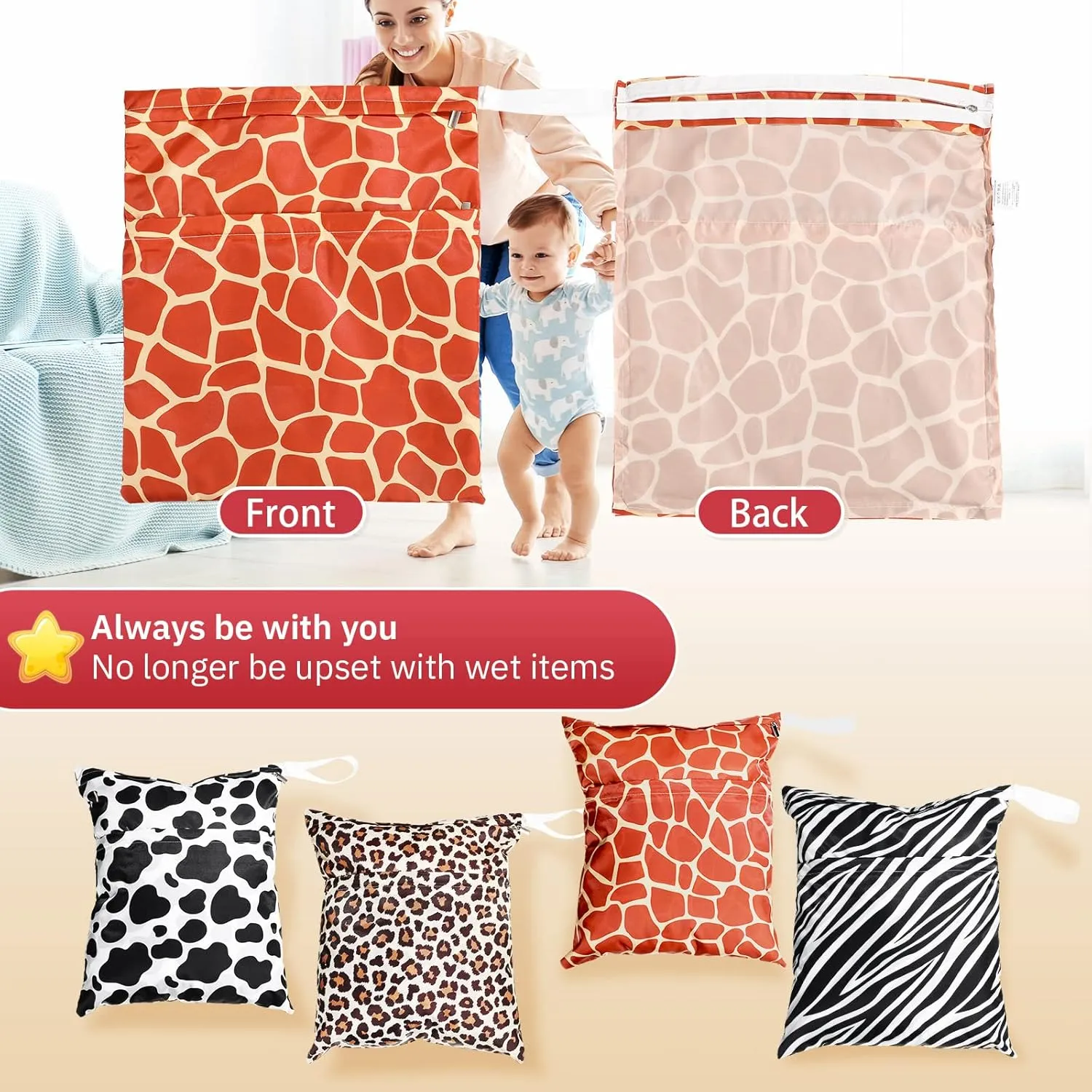 Frienda 4 Pieces Wet Dry Bag for Baby Waterproof Reusable Washable Diaper Bag Sealed with Handle for Travel, Beach, Swimsuit, Diapers, Dirty Gym Clothes and Toiletries (Animal Print)
