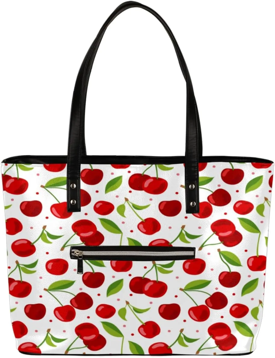Fruit Cherry Pattern Tote Bag Women Shoulder Handbags PU Leather Everyday Bag with External Pocket Large Capacity Aesthetic Corduroy Tote Bag for Travel Work Party