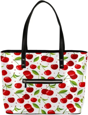 Fruit Cherry Pattern Tote Bag Women Shoulder Handbags PU Leather Everyday Bag with External Pocket Large Capacity Aesthetic Corduroy Tote Bag for Travel Work Party
