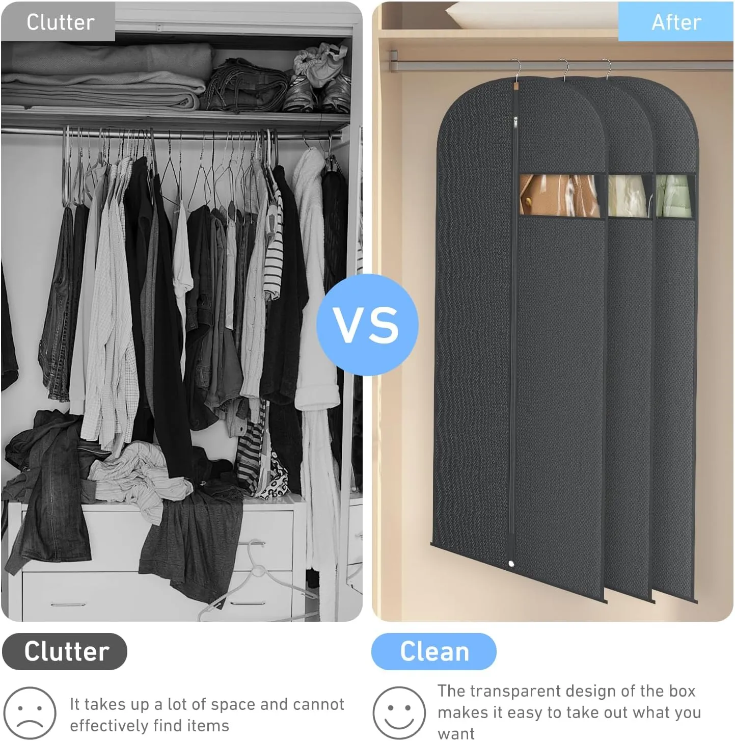 Garment Bags for Hanging Clothes, Suit Bags for Closet Storage and Travel, Suit Cover Bags with Zipper for Coats, Jackets, Shirts (Black, L 60" x 6 Pack)