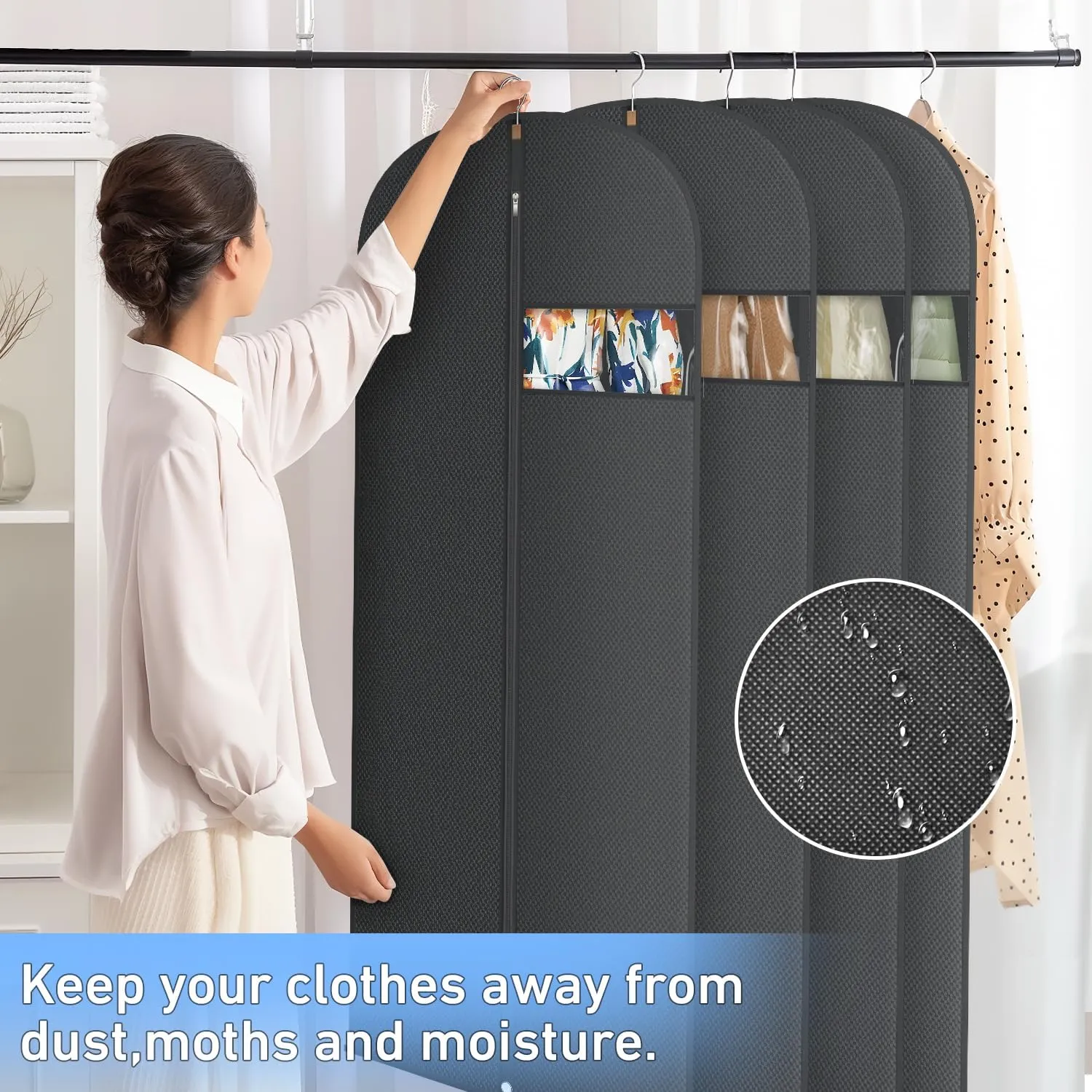 Garment Bags for Hanging Clothes, Suit Bags for Closet Storage and Travel, Suit Cover Bags with Zipper for Coats, Jackets, Shirts (Black, L 60" x 6 Pack)