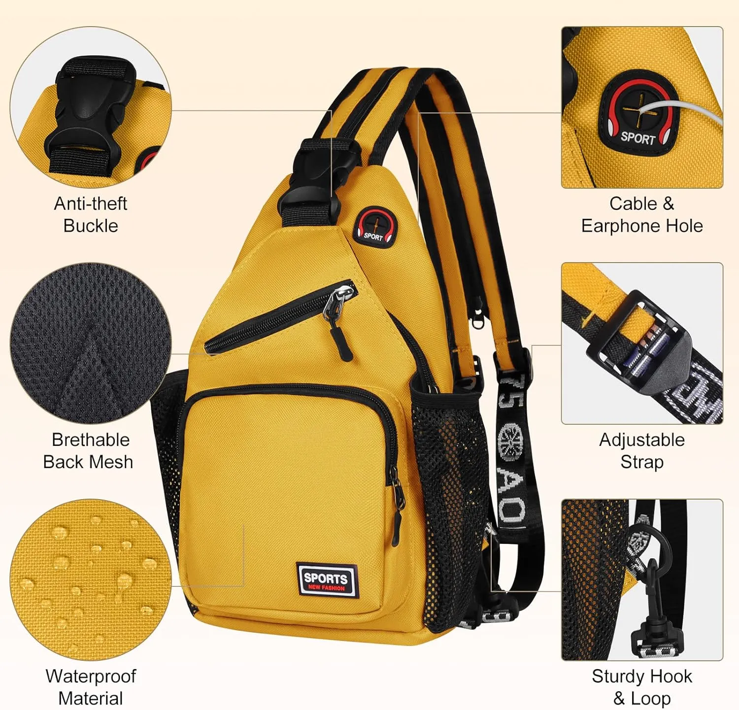 Geestock Crossbody Sling Bag Backpack for Men & Women, Convertible Shoulder Bag Waterproof Chest Bag For Daypack Travel Hiking (Yellow)
