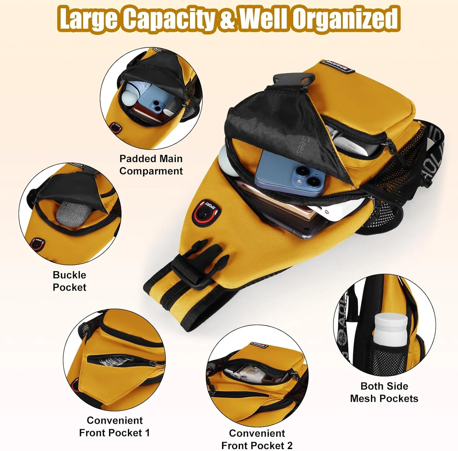 Geestock Crossbody Sling Bag Backpack for Men & Women, Convertible Shoulder Bag Waterproof Chest Bag For Daypack Travel Hiking (Yellow)