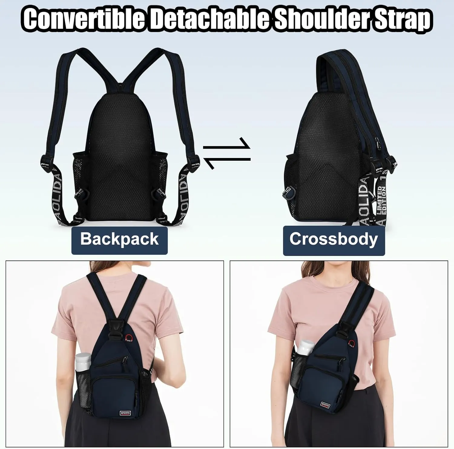 Geestock Crossbody Sling Bag for Men & Women, 2-1 Small Backpack Convertible Sling Backpack Waterproof Shoulder Chest Bag for Daypack Travel Hiking (Navy Blue)