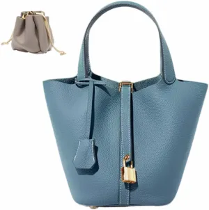 Genuine Leather Bucket Bag with Lock Closure, Vegetable Basket, Stylish and Versatile Shoulder bag, Spacious Tote Bag