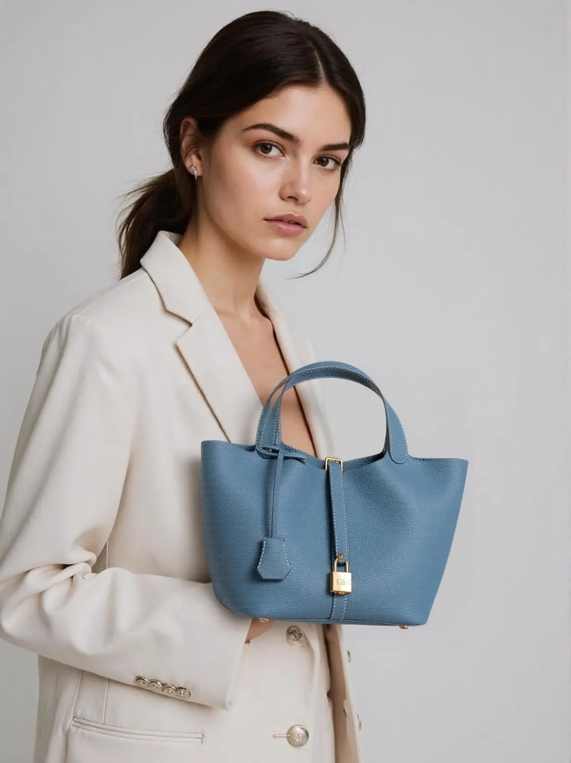 Genuine Leather Bucket Bag with Lock Closure, Vegetable Basket, Stylish and Versatile Shoulder bag, Spacious Tote Bag