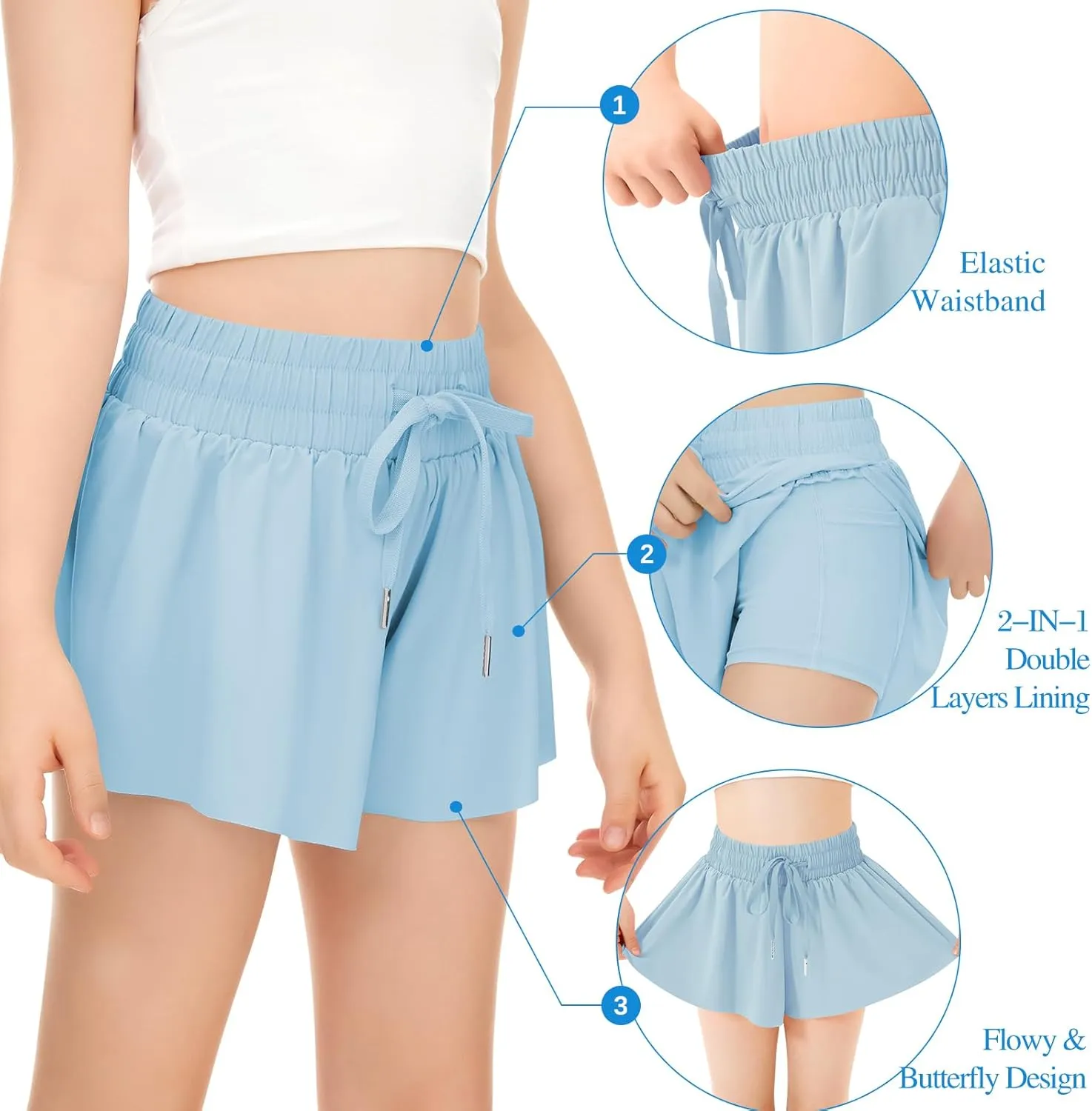 Girls Athletic Flowy Shorts with Pocket - 2 in 1 Butterfly Shorts for Teen Girls Youth Running Sports Spandex
