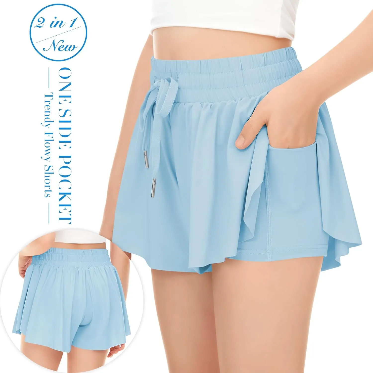 Girls Athletic Flowy Shorts with Pocket - 2 in 1 Butterfly Shorts for Teen Girls Youth Running Sports Spandex