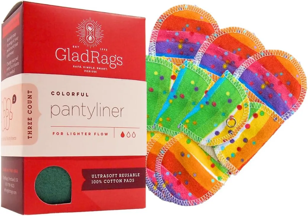 GladRags Reusable Pantyliner (3-Pack) - 100% Cotton Reusable Menstrual Pads, Washable Absorbent Pantyliners, Light Flow Period Pads, Washing Machine Safe