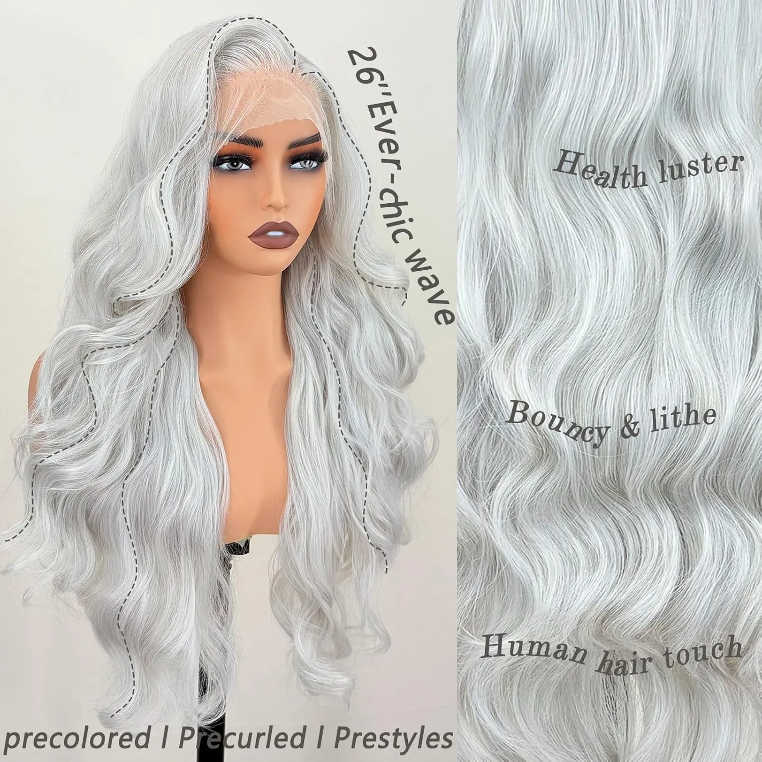 Glueless Natural Hairline 13×6 HD Lace Front Wigs Pre Layered Body Wave Synthetic lace front Wigs for white women Pre Plucked 26 Inch Tiny Knots Lace Wigs Wear and Go Light Grey