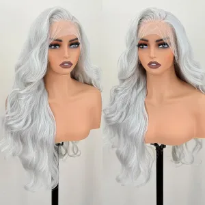 Glueless Natural Hairline 13×6 HD Lace Front Wigs Pre Layered Body Wave Synthetic lace front Wigs for white women Pre Plucked 26 Inch Tiny Knots Lace Wigs Wear and Go Light Grey