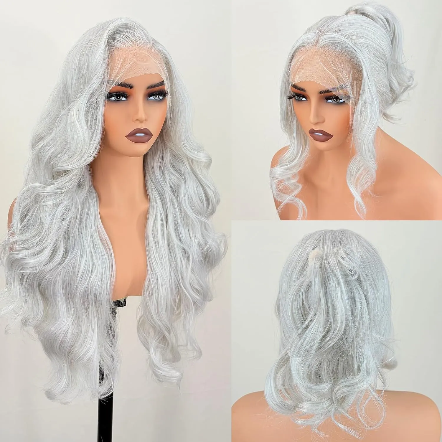 Glueless Natural Hairline 13×6 HD Lace Front Wigs Pre Layered Body Wave Synthetic lace front Wigs for white women Pre Plucked 26 Inch Tiny Knots Lace Wigs Wear and Go Light Grey