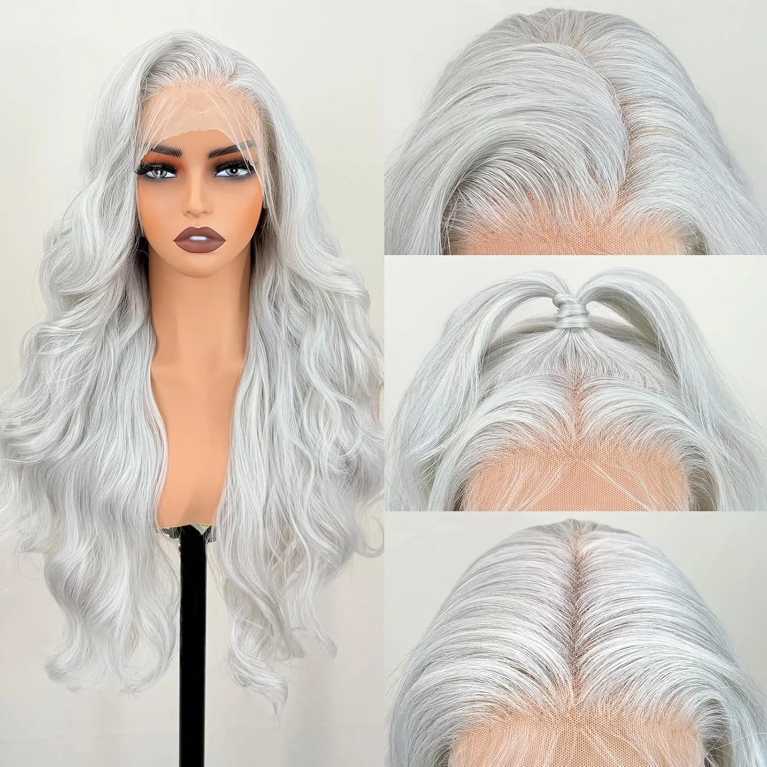 Glueless Natural Hairline 13×6 HD Lace Front Wigs Pre Layered Body Wave Synthetic lace front Wigs for white women Pre Plucked 26 Inch Tiny Knots Lace Wigs Wear and Go Light Grey