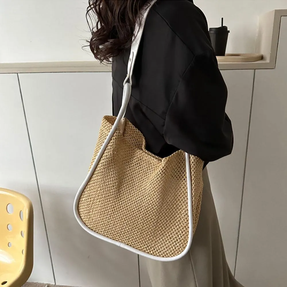 Gogobear Summer Woven Straw Tote Bag Large Capacity Comfortable Shoulder Bag Beach Vacation Boho Handbag