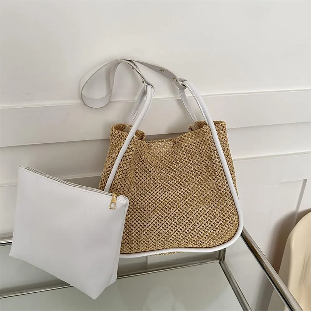 Gogobear Summer Woven Straw Tote Bag Large Capacity Comfortable Shoulder Bag Beach Vacation Boho Handbag