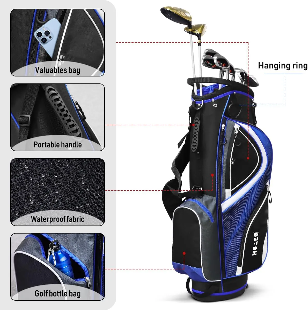 Golf Stand Bag - 14-Way Divider, 5 Pockets Golf Club Bags, Ergonomic Straps, Waterproof Nylon Material, Ideal for All Golfers