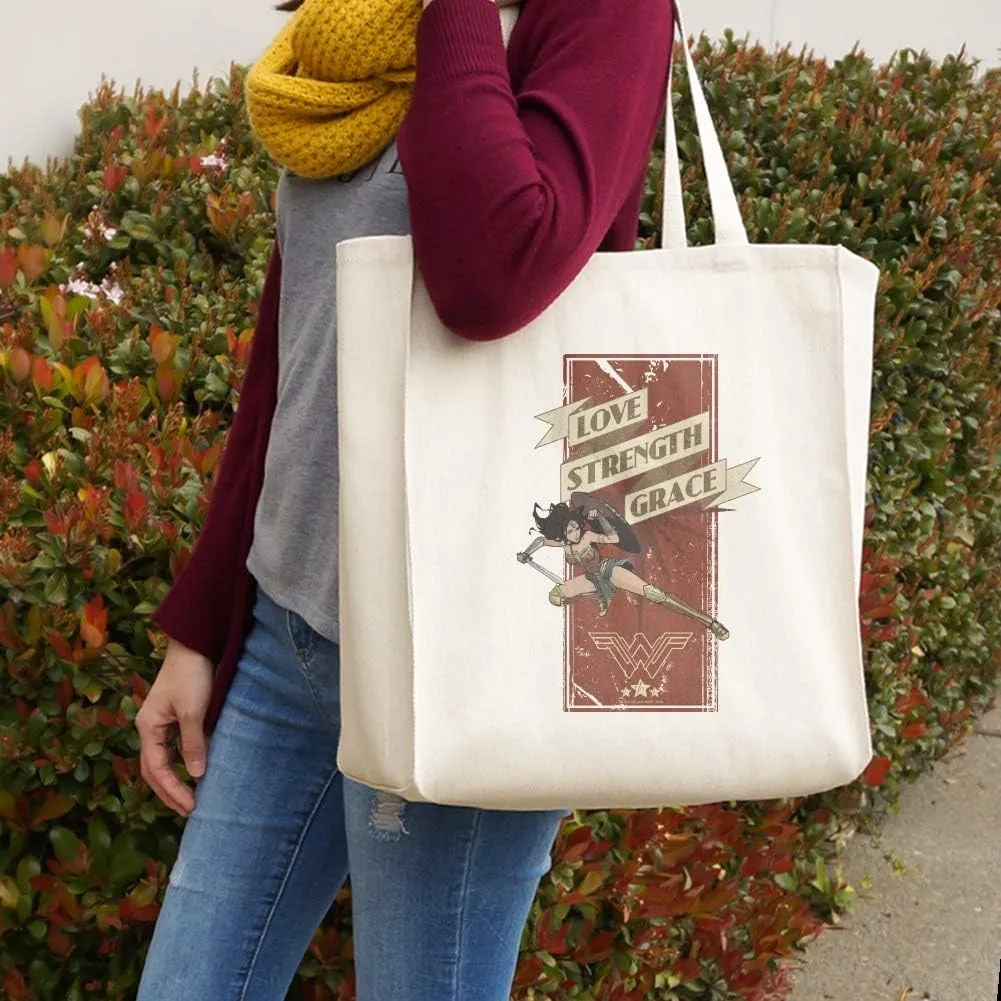 GRAPHICS & MORE Wonder Woman Movie Love, Strength, Grace Grocery Travel Reusable Tote Bag