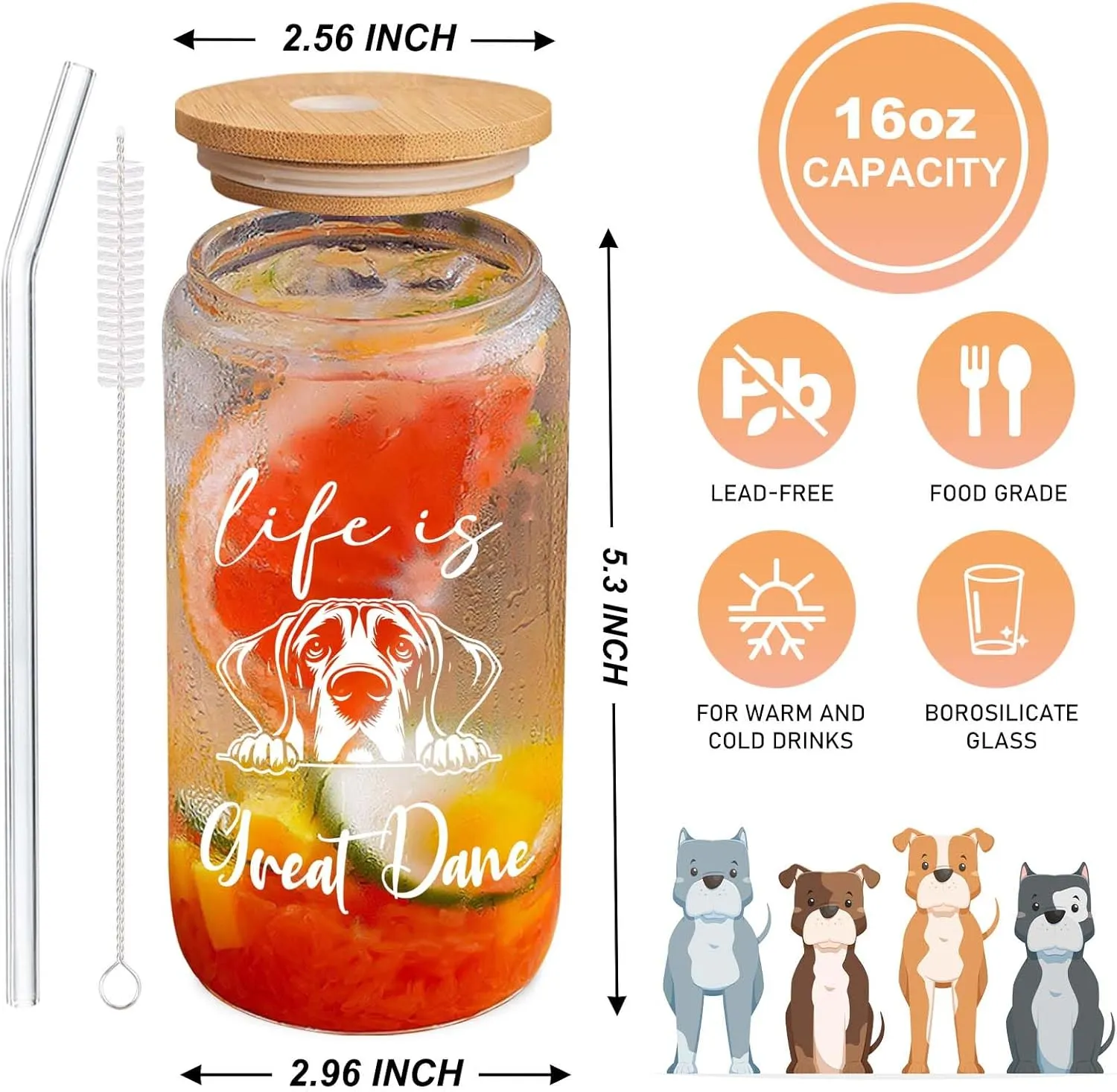 Great Dane Gifts for Owners Gifts for Dogs Lovers Cute Iced Coffee Cup with Great Dane Nutrition Facts Birthday Gift for Dog Mom, Dog Dad Gift for Puppy Owners