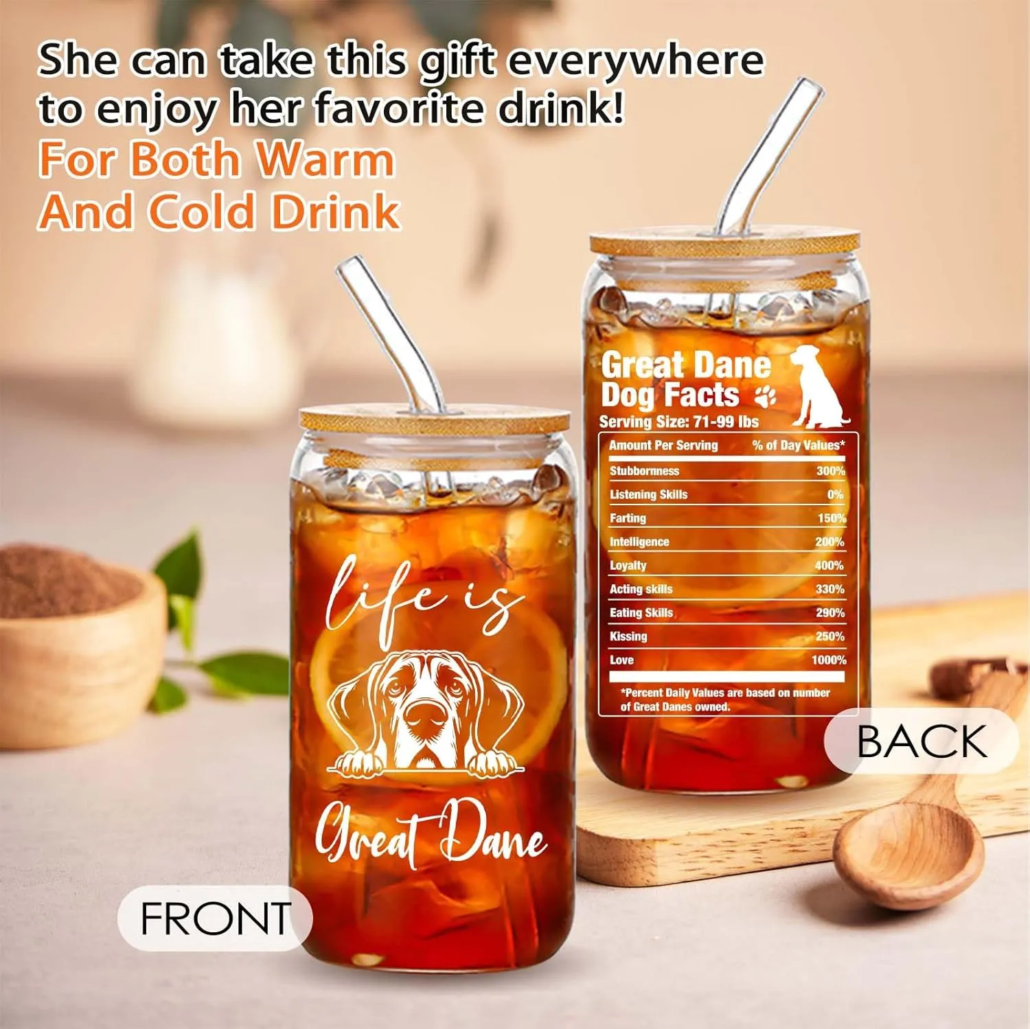 Great Dane Gifts for Owners Gifts for Dogs Lovers Cute Iced Coffee Cup with Great Dane Nutrition Facts Birthday Gift for Dog Mom, Dog Dad Gift for Puppy Owners