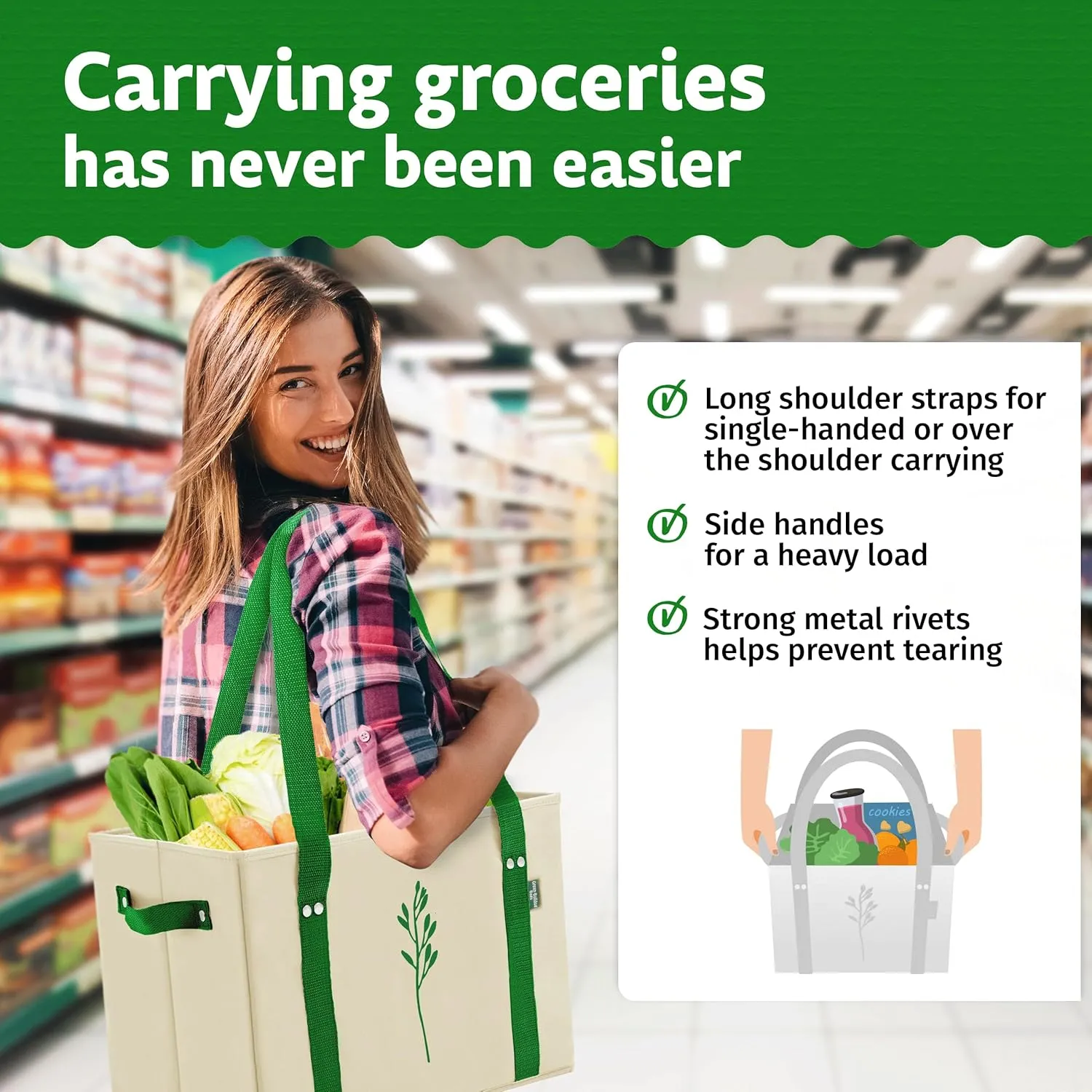 Green Bulldog Reusable Grocery Bags - Heavy Duty Reusable Shopping Tote Bags W/Long Handles, Foldable & Collapsible, Holds Up to 65 lbs - for Kitchen, Picnic 3 Pack