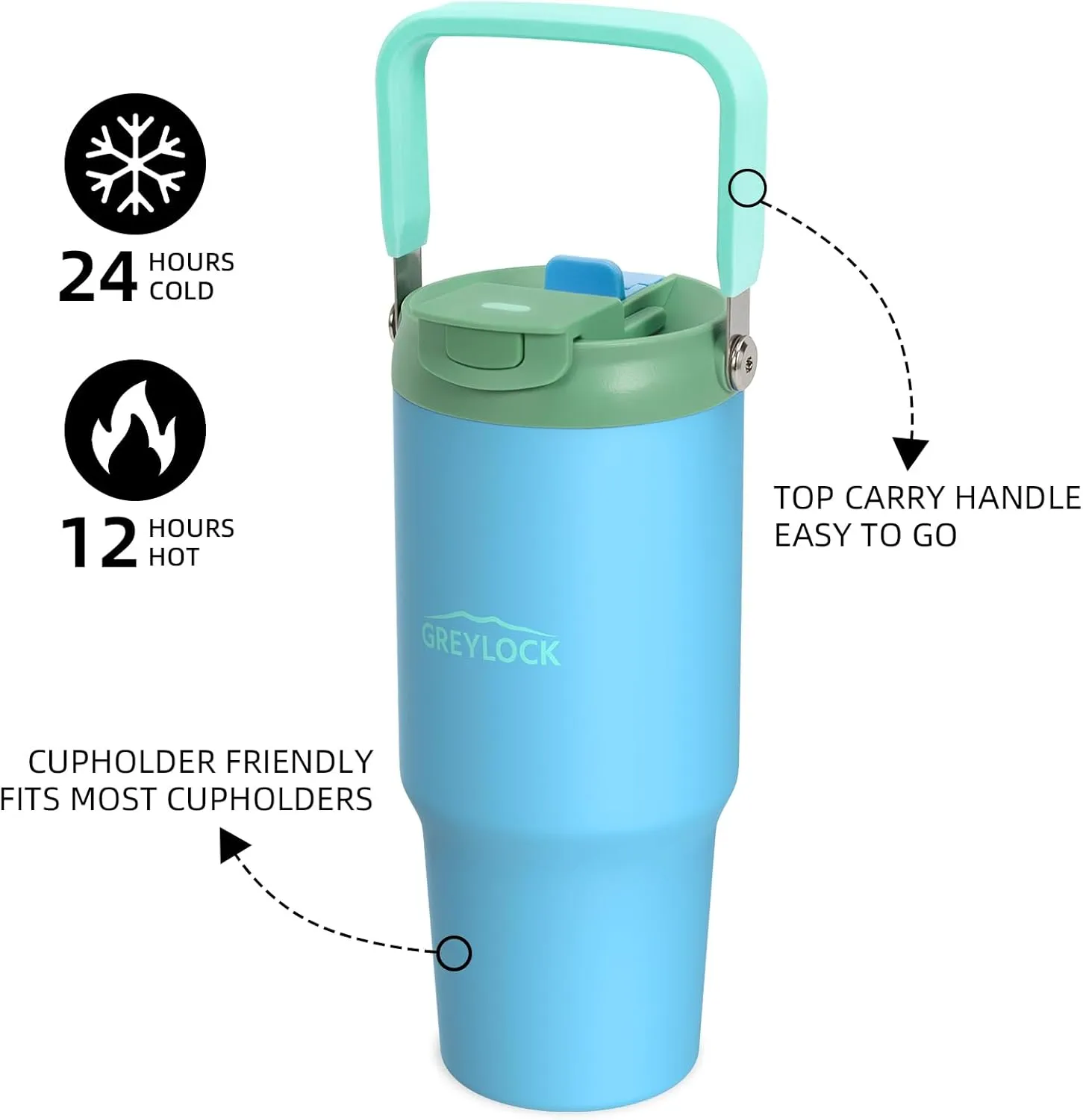 Greylock 30 oz Tumbler with Handle, Vacuum Insulated Tumblers with Flip Straw and Top Handle, Reusable Tumbler with Lid and Straw for Home, Office or Car, Leak-Proof Travel Mug, Keep Cold for 24 Hrs