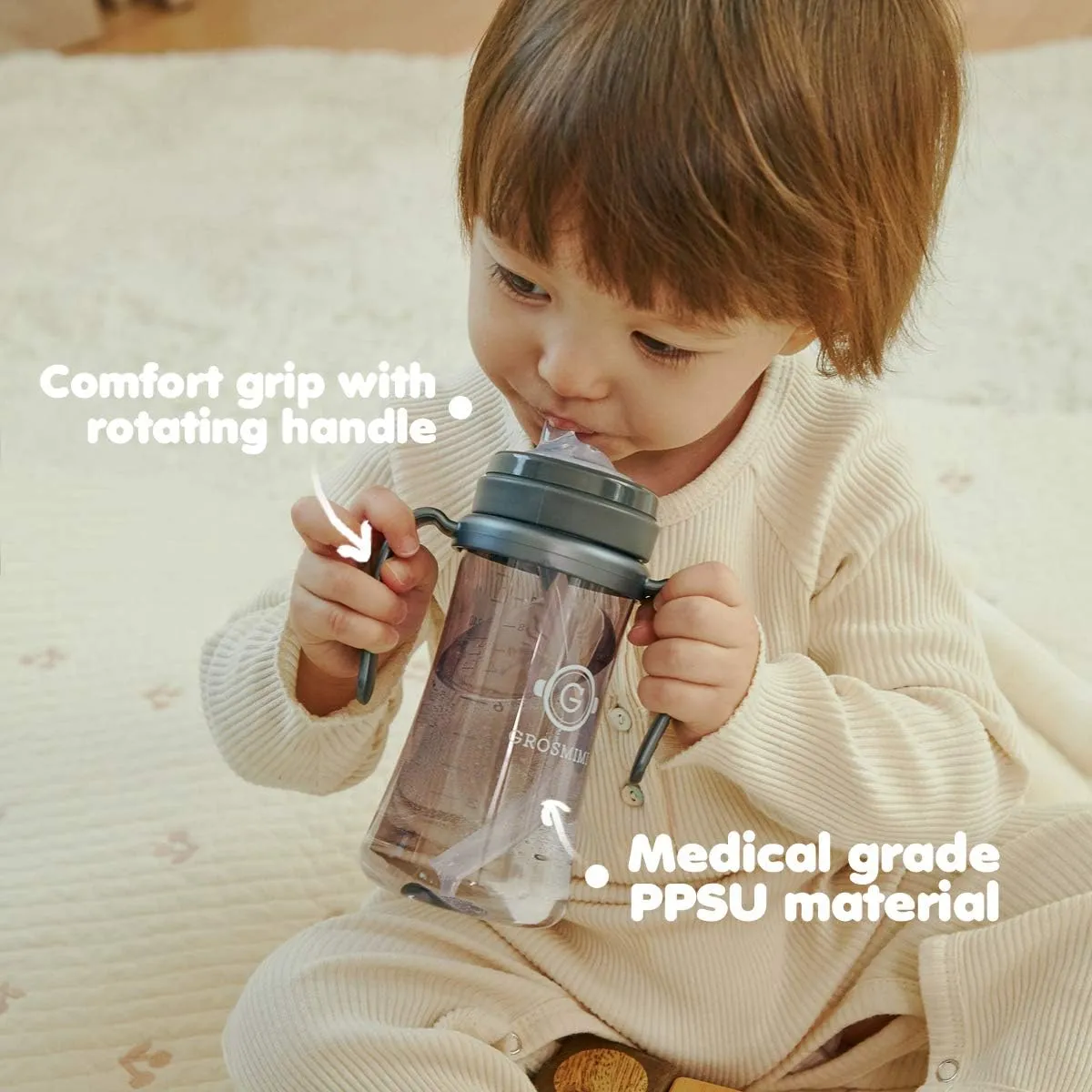 GROSMIMI Spill Proof no Spill Magic Sippy Cup with Straw with Handle for Baby and Toddlers, Customizable, PPSU, BPA Free 6 oz (Charcoal)