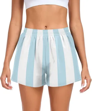 GuoChe Light Blue Stripe Women's Athletic Shorts Loose&Comfy Girls Swim Shorts for Indoor Boating Travel