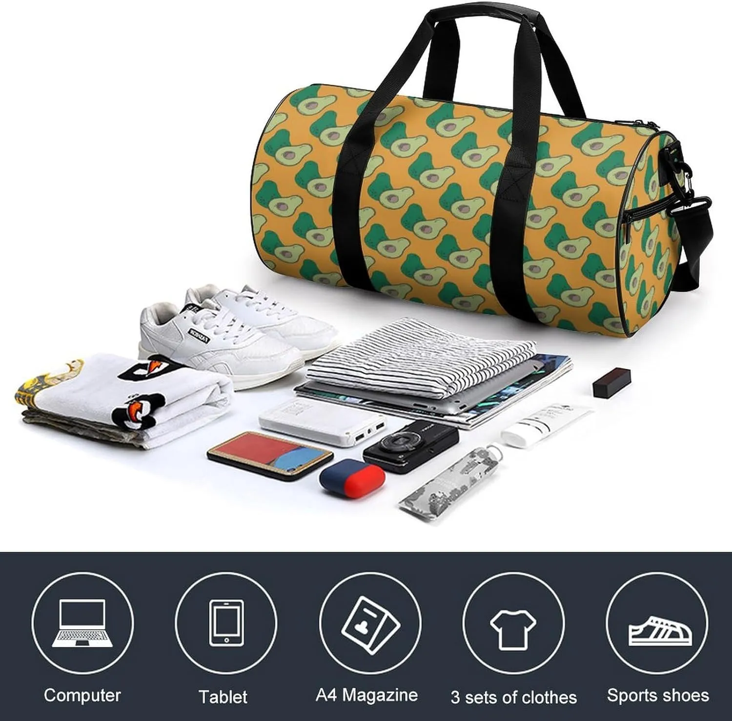 Gym Bag for Men Women Lightweight Sports Duffle Bag with Multiple Compartments Cylindrical Gym Bag for Fitness Travel And Outdoor Activities Ater Resistant Yoga Bag Training Bag Avocados