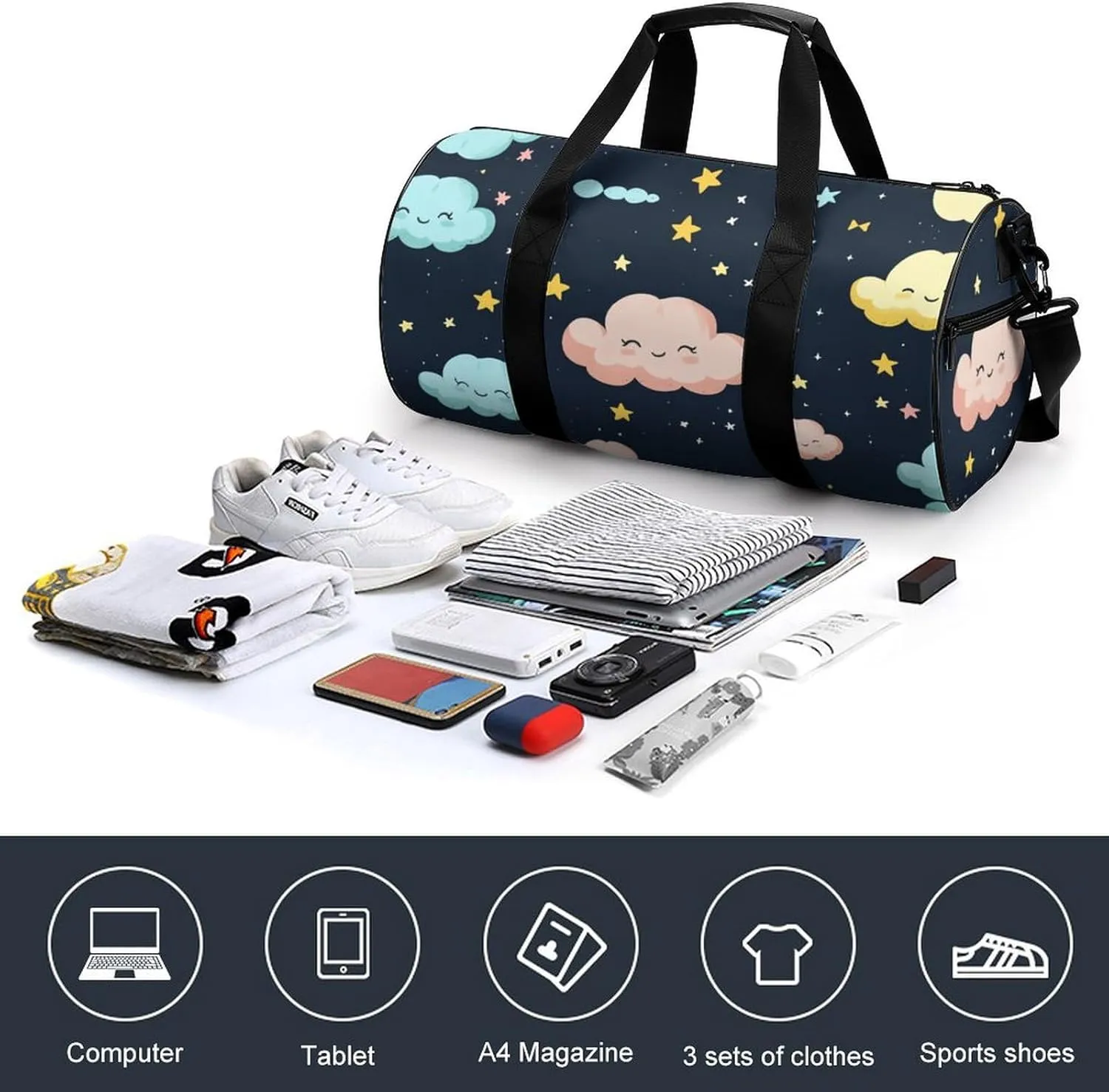 Gym Bag for Men Women Lightweight Sports Duffle Bag with Multiple Compartments Cylindrical Gym Bag for Fitness Travel And Outdoor Activities Ater Resistant Yoga Bag Training Bag Starlight Puffs