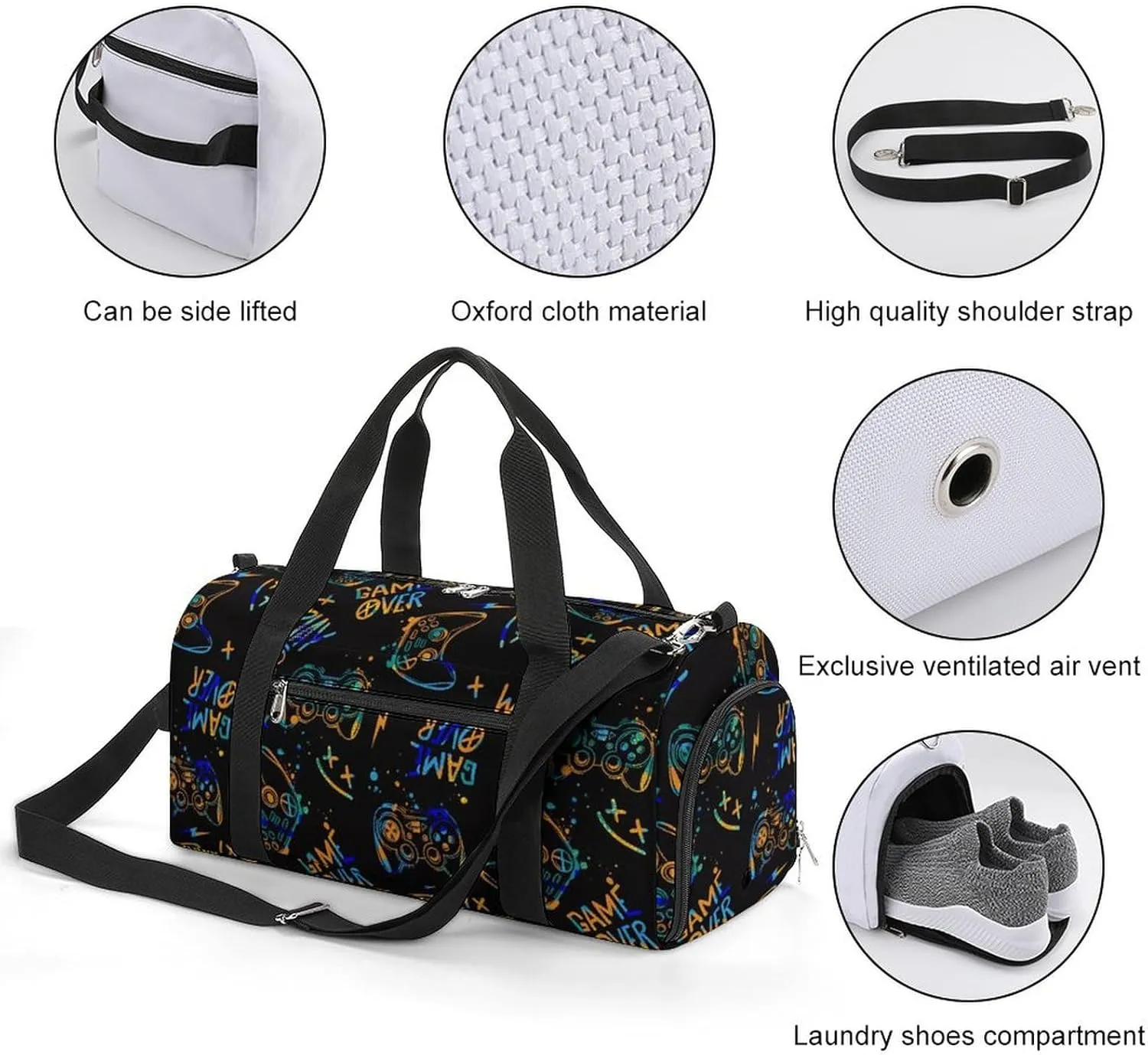Gym Duffel Bag with Shoe Compartment Wet Pocket, Gamer Elements Travel Bag for Men Women