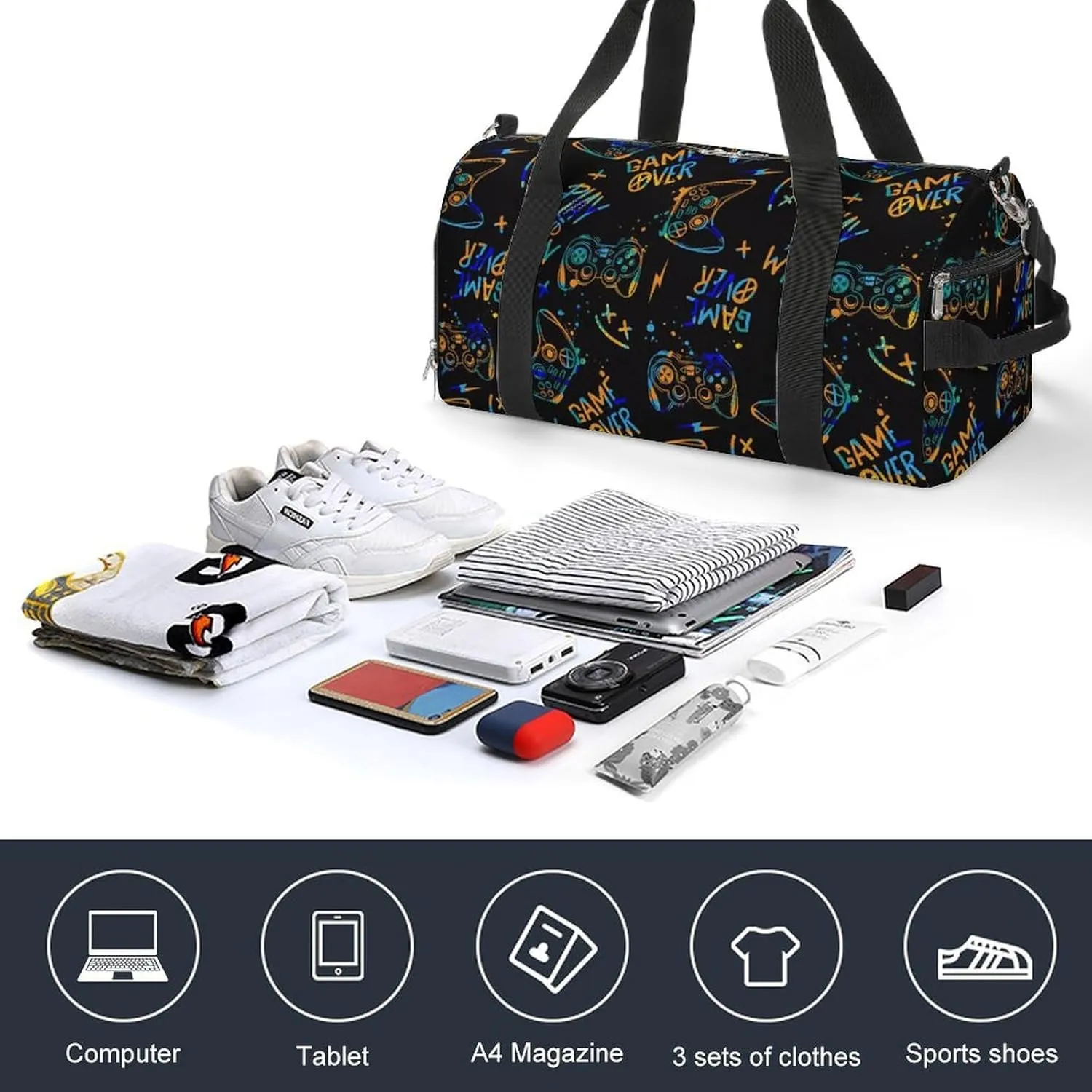 Gym Duffel Bag with Shoe Compartment Wet Pocket, Gamer Elements Travel Bag for Men Women