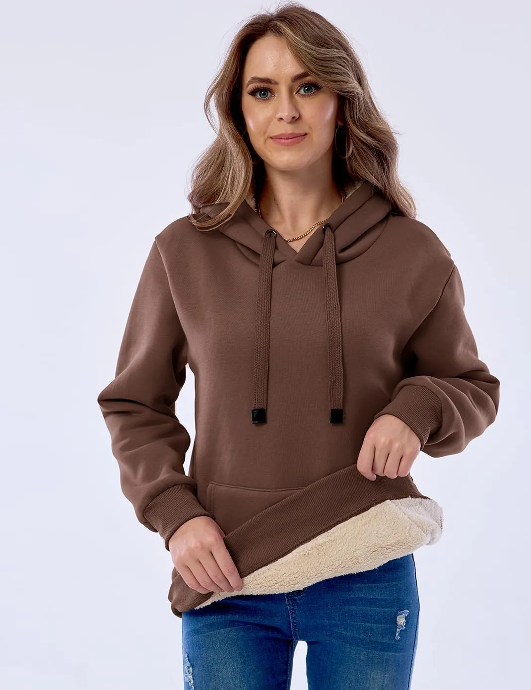 Haellun Womens Casual Winter Warm Fleece Sherpa Lined Pullover Hooded Sweatshirt