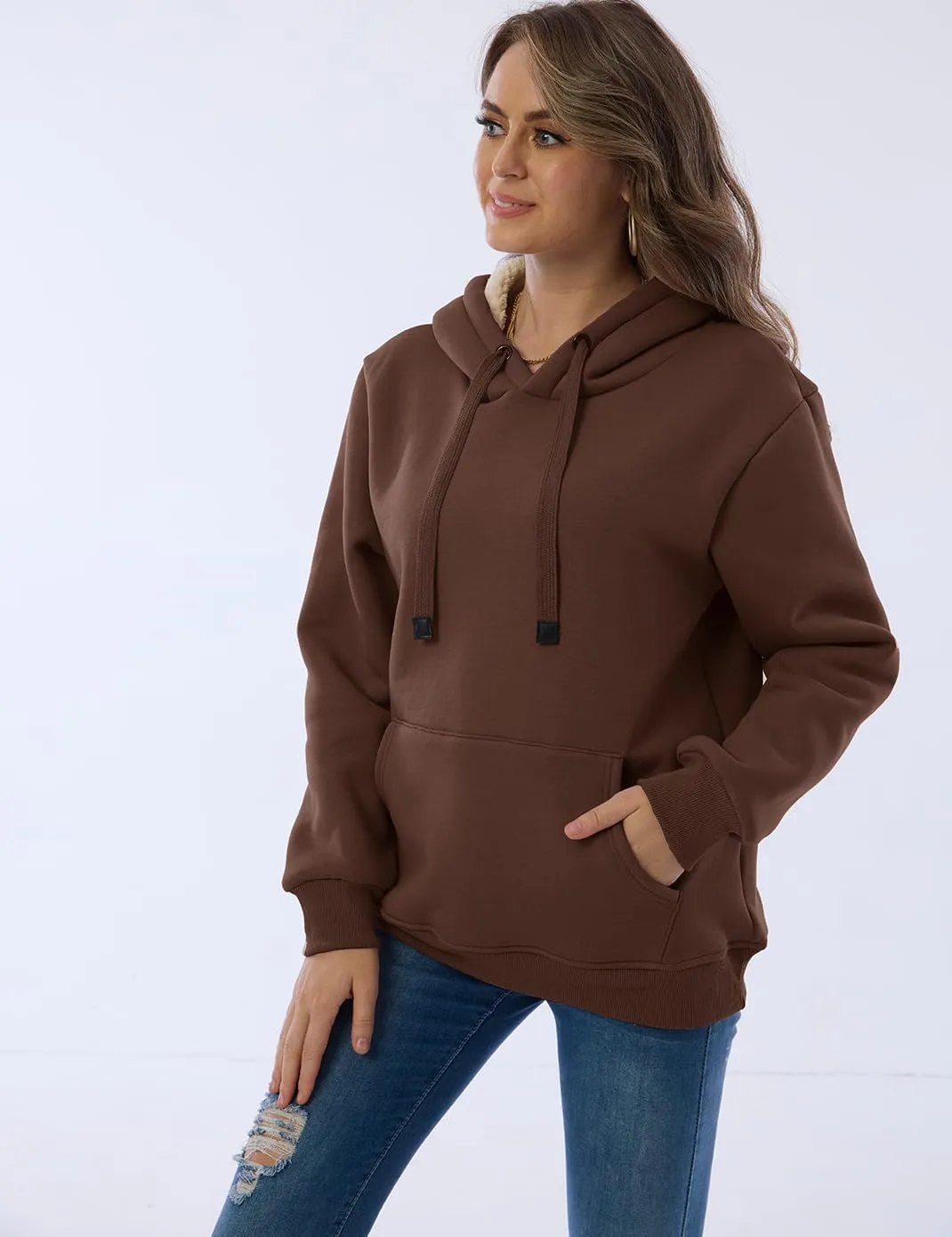 Haellun Womens Casual Winter Warm Fleece Sherpa Lined Pullover Hooded Sweatshirt