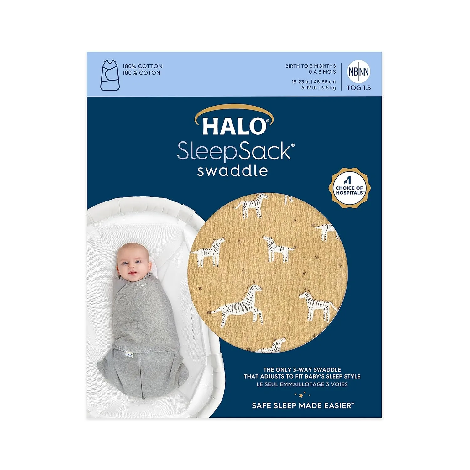 HALO 100% Cotton Sleepsack Swaddle, 3-Way Adjustable Wearable Blanket, TOG 1.5, Serengeti Zebra, Newborn, 0-3 Months