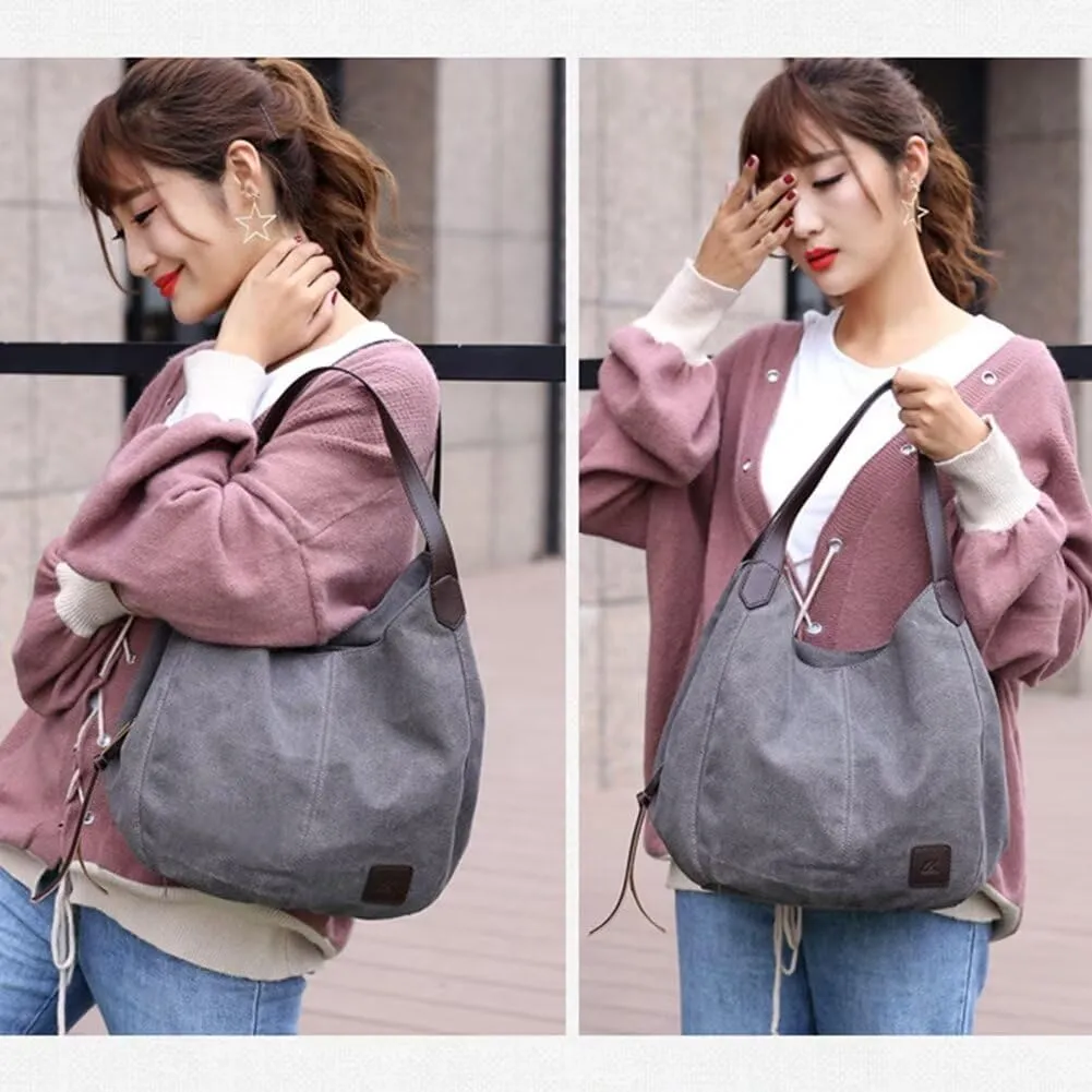 Handbag for Women Canvas Work Tote Bag Ladies Cloth Purse Casual Everyday Shoulder Bag Multi-Pocket Top Handle Handbag