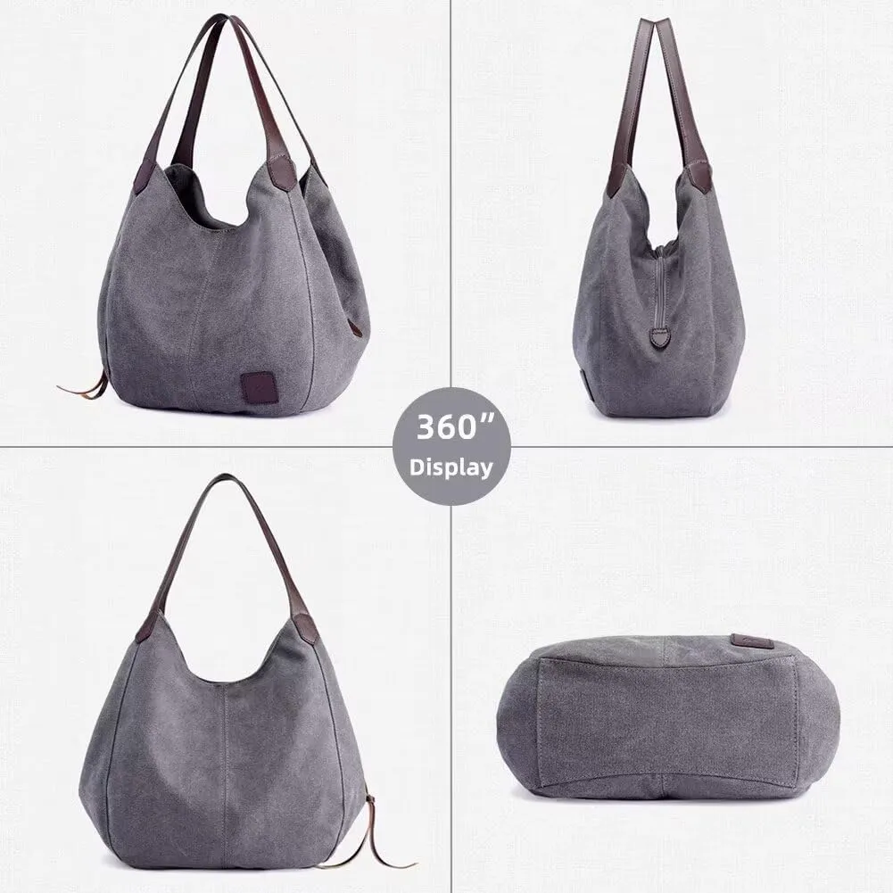 Handbag for Women Canvas Work Tote Bag Ladies Cloth Purse Casual Everyday Shoulder Bag Multi-Pocket Top Handle Handbag