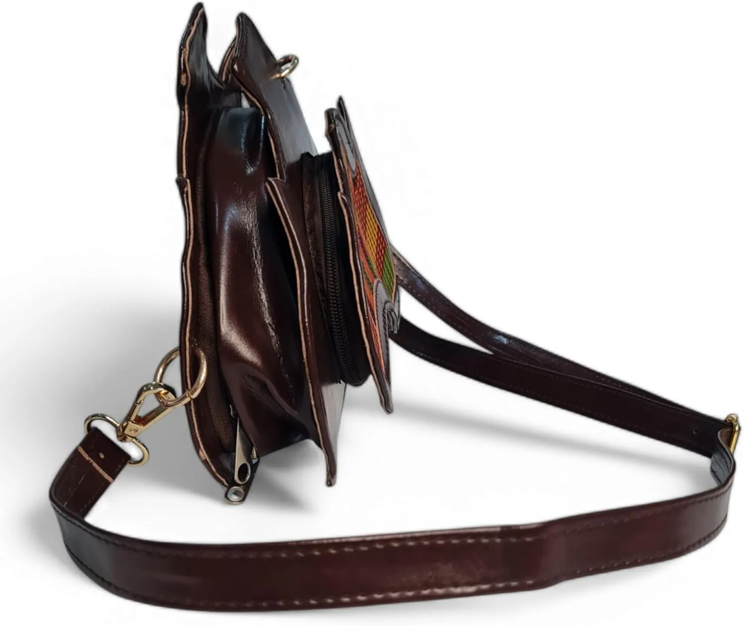 Handmade Africa-Shaped Leather Cross Bag With Zipper | Shoulder Bag with Kente Print, Unisex Bag