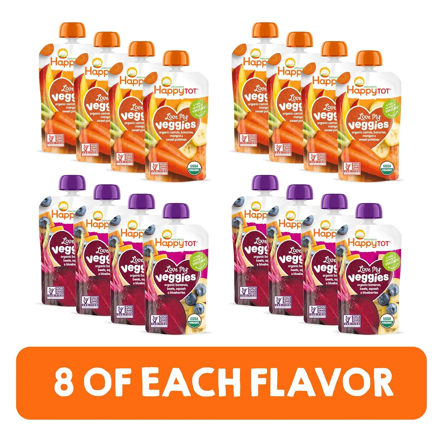 Happy Tot Organics Stage 4 Baby Food Pouches, Gluten Free, Vegan Snack, Love My Veggies, Fruit & Veggie Puree, Variety Pack, 4.22 Ounce (Pack of 16), Amazon Exclusive