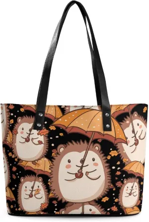 Hedgehog Holding An Umbrella Women's Tote Shoulder Bag Handbag Top Handle Leather 29 * 34 * 14cm