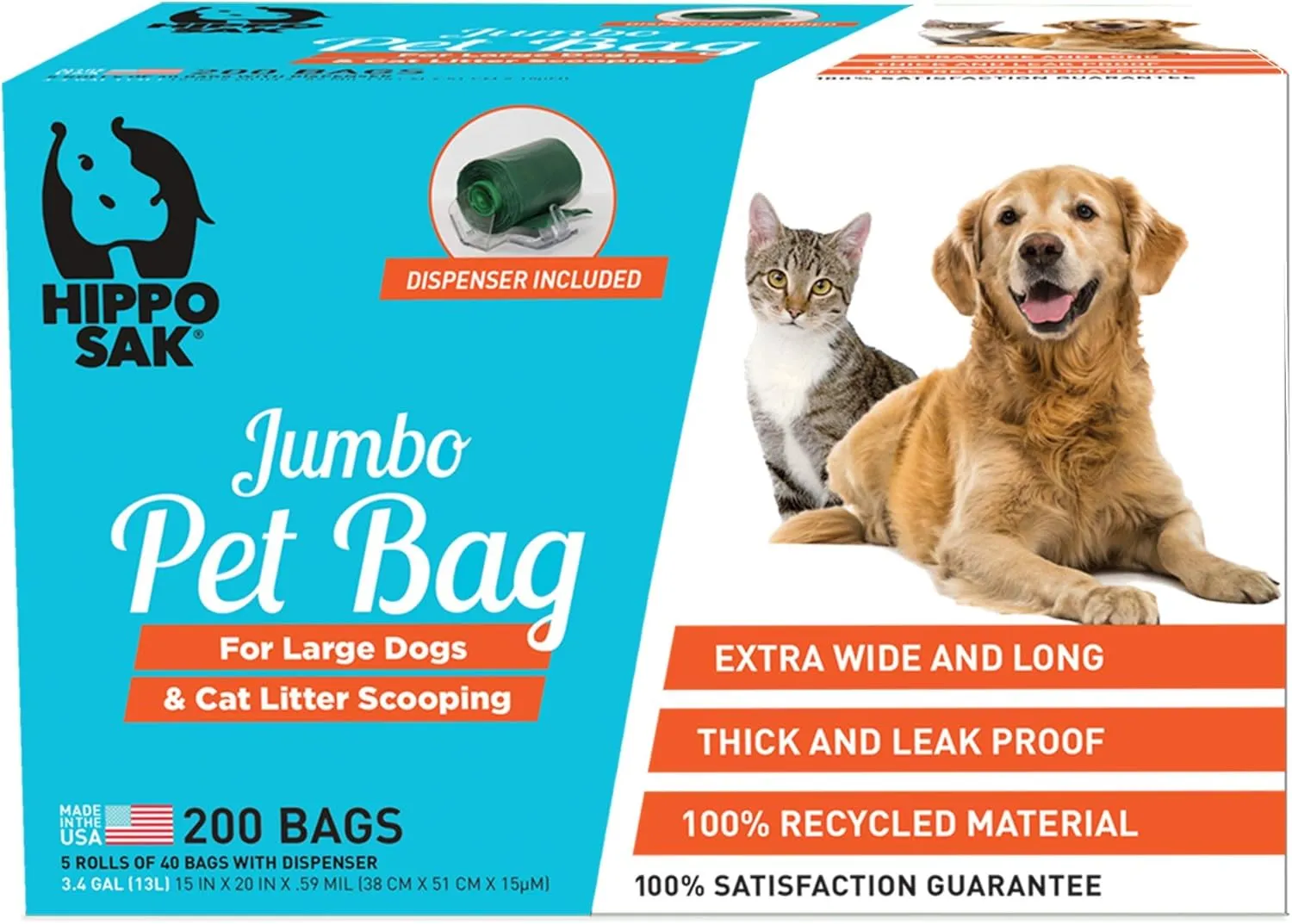 Hippo Sak® Extra Large Pet Poop Bags with Dispenser, 200 Count, for Large Dogs and Cat Litter Scooping (200)
