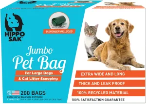 Hippo Sak® Extra Large Pet Poop Bags with Dispenser, 200 Count, for Large Dogs and Cat Litter Scooping (200)