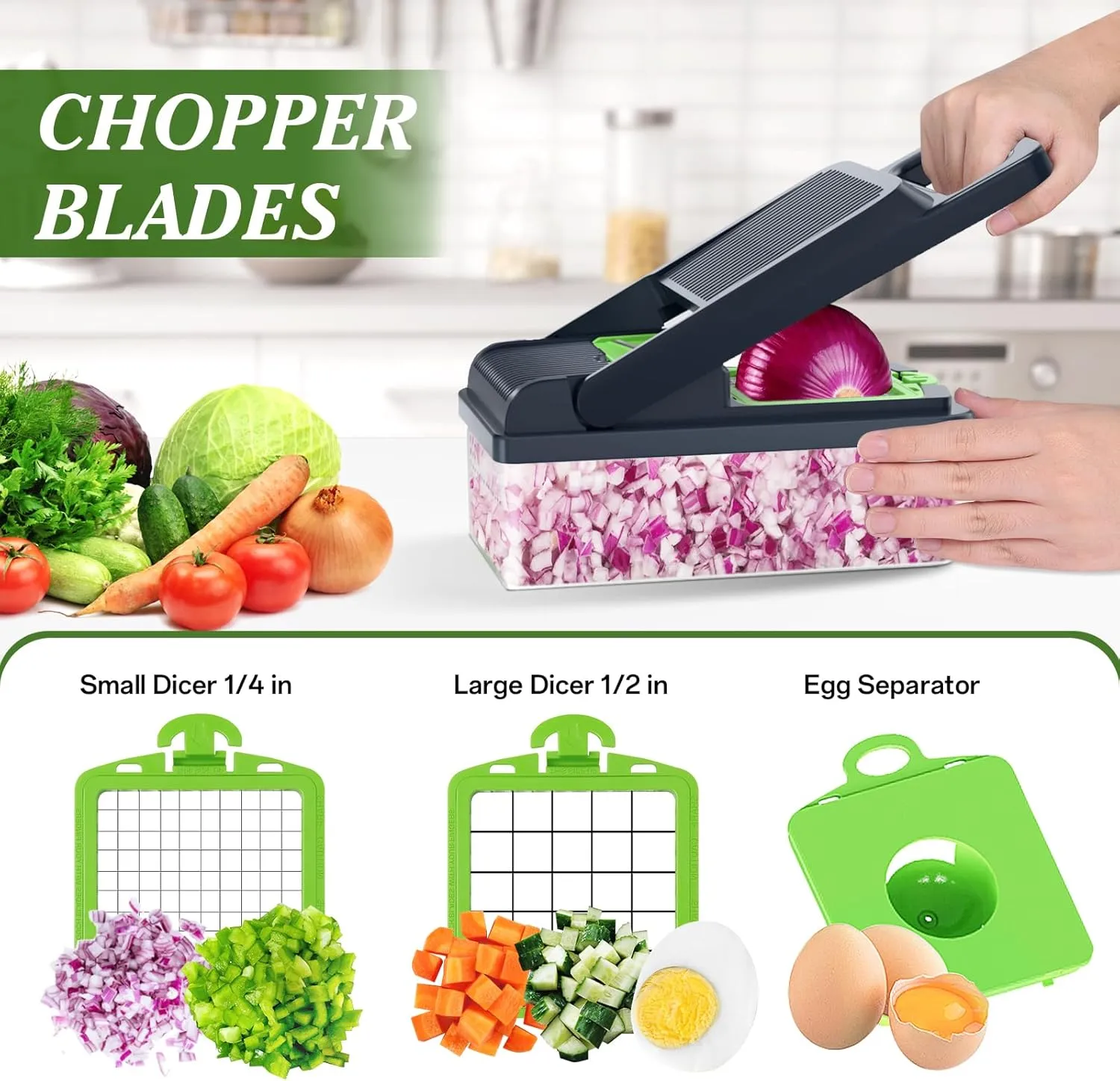 HomeHacks Vegetable Chopper Vegetable Cutter, 12 in 1 Kitchen Gadget, Dicer, Slicer, Onion Cutter, Salad, Cheese Grater & Egg Separator - Multi-Functional Veggie Chopper Lid with Handle