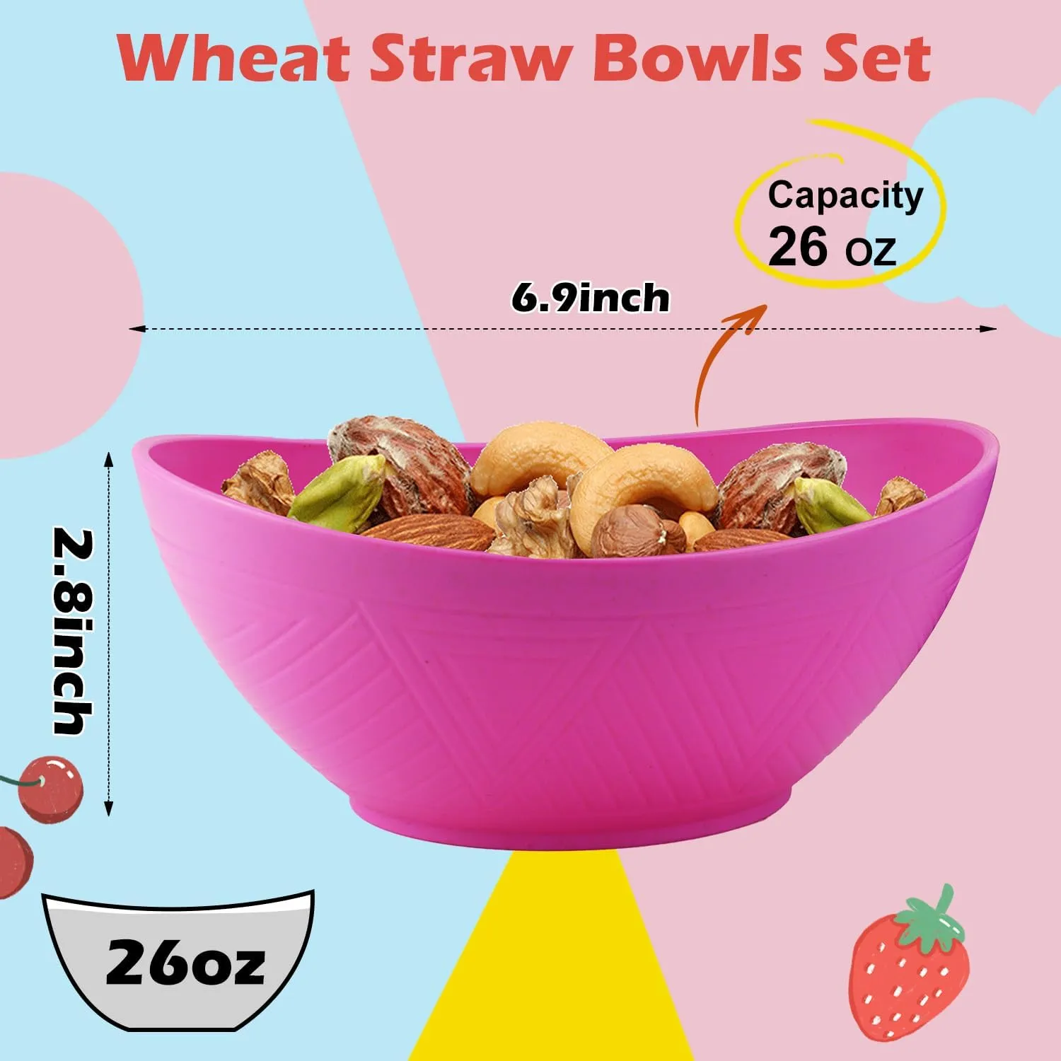 Homienly Wheat Straw Bowl Set, Reusable Alternative to Plastic Bowls for Kitchen, Camping, 26 OZ Cereal Bowl Set of 6, Microwave and Dishwasher Safe Bowl, Lightweight Oval Bowls - Flower Series
